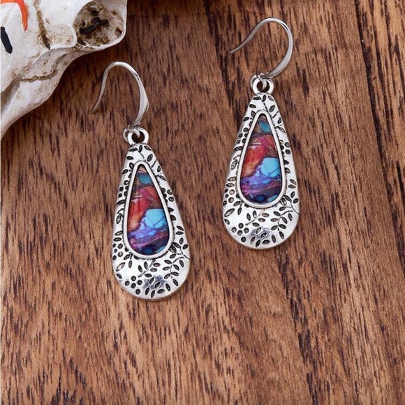Silver Teardrop Earrings with Multicolor Stone - Picture 2 of 2
